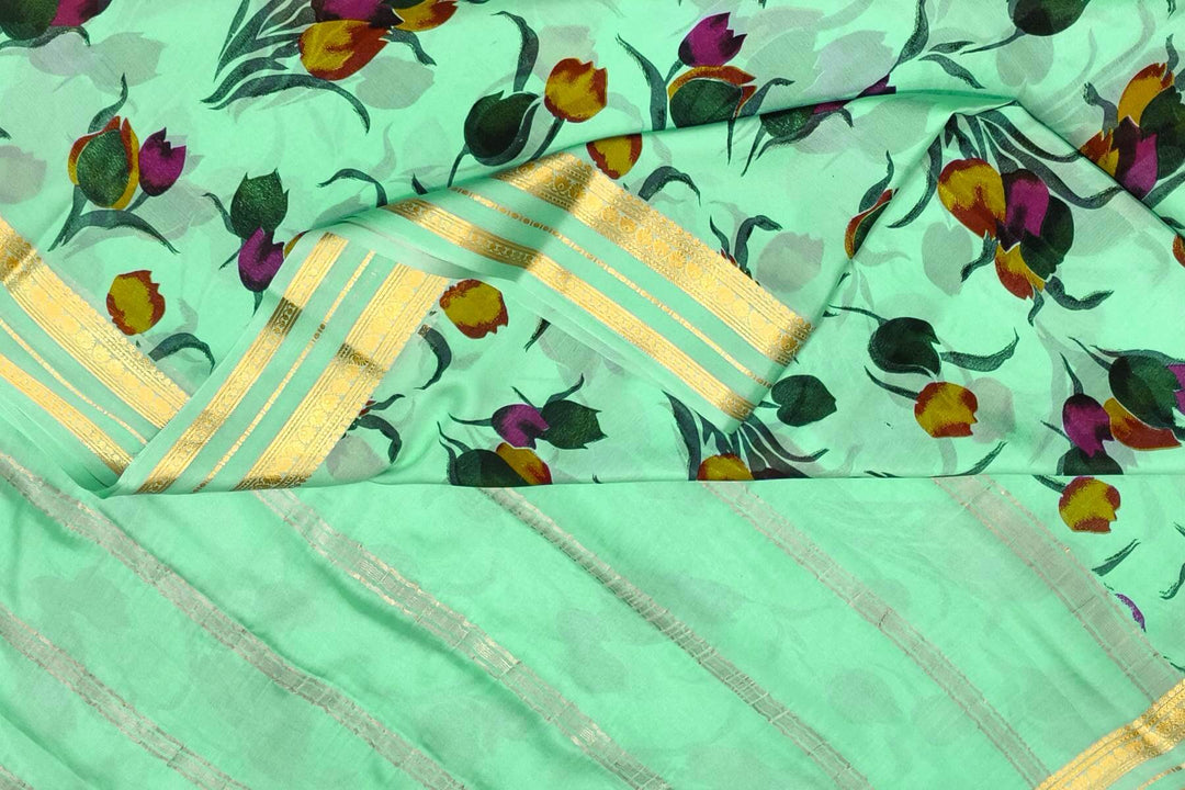 Printed Mysore crepe pure silk saree in pool blue