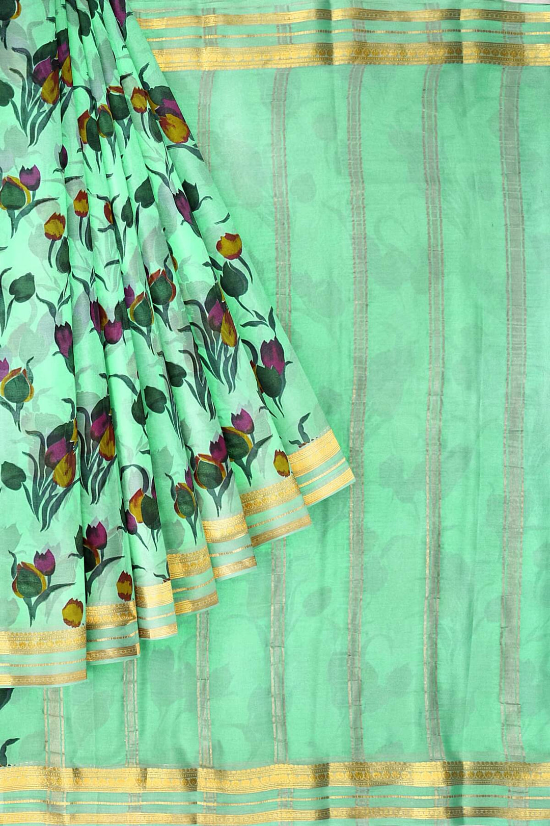 Printed Mysore crepe pure silk saree in pool blue