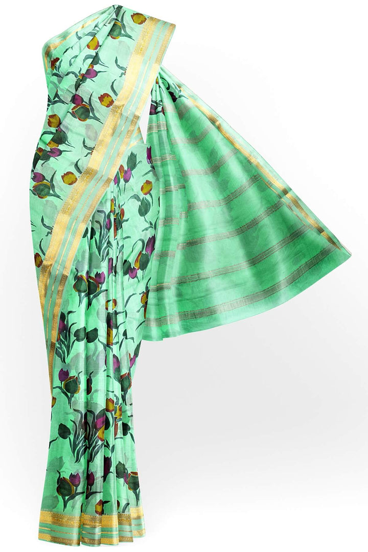 Printed Mysore crepe pure silk saree in pool blue