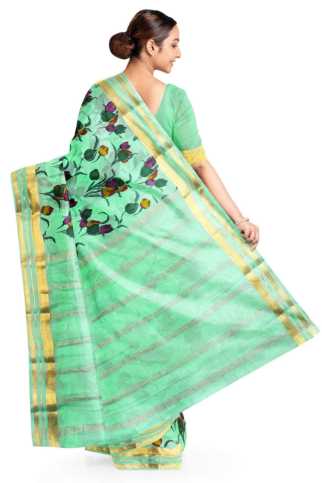 Printed Mysore crepe pure silk saree in pool blue