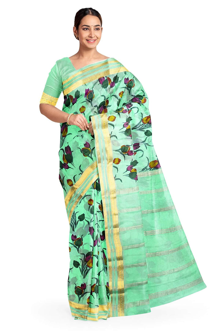 Printed Mysore crepe pure silk saree in pool blue