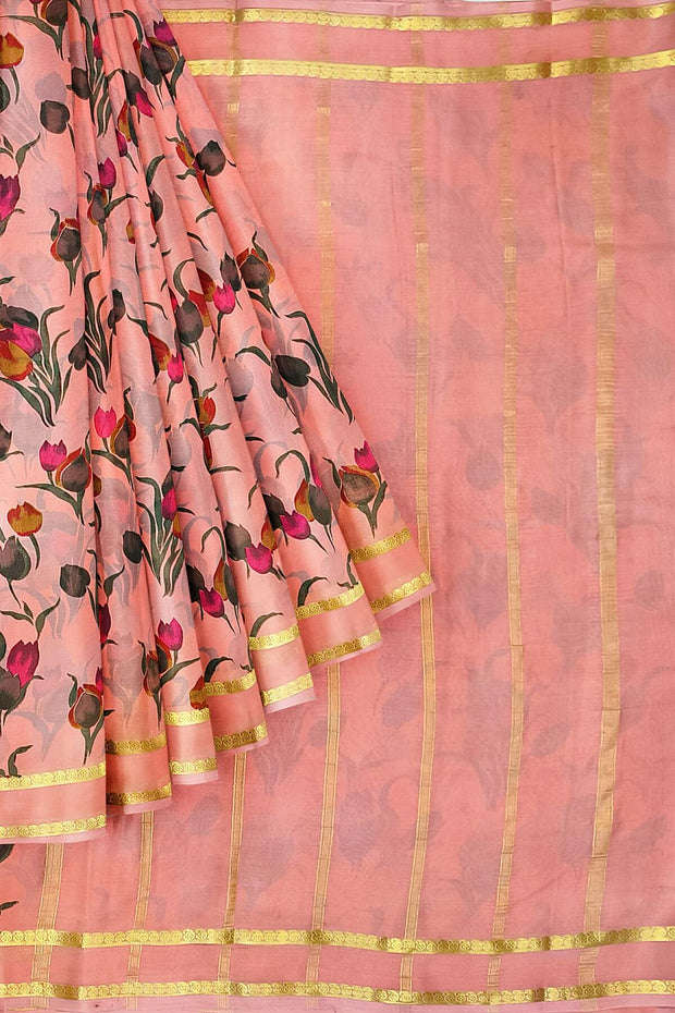 Printed Mysore crepe pure silk saree in rose pink