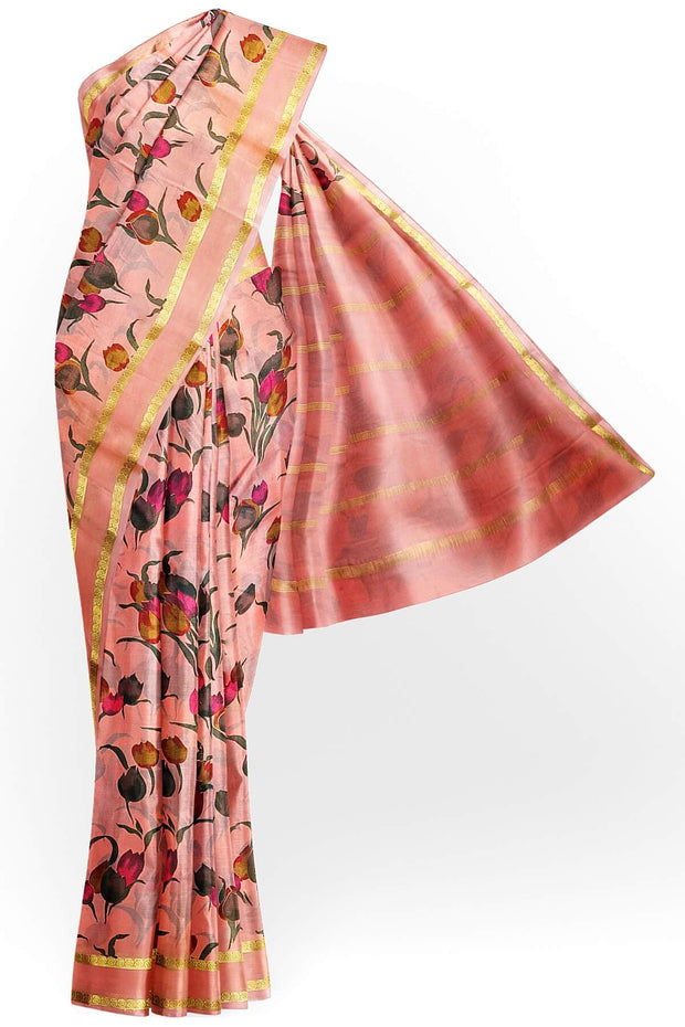 Printed Mysore crepe pure silk saree in rose pink
