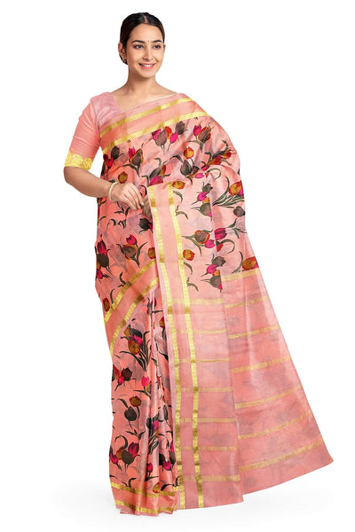 Printed Mysore crepe pure silk saree in rose pink