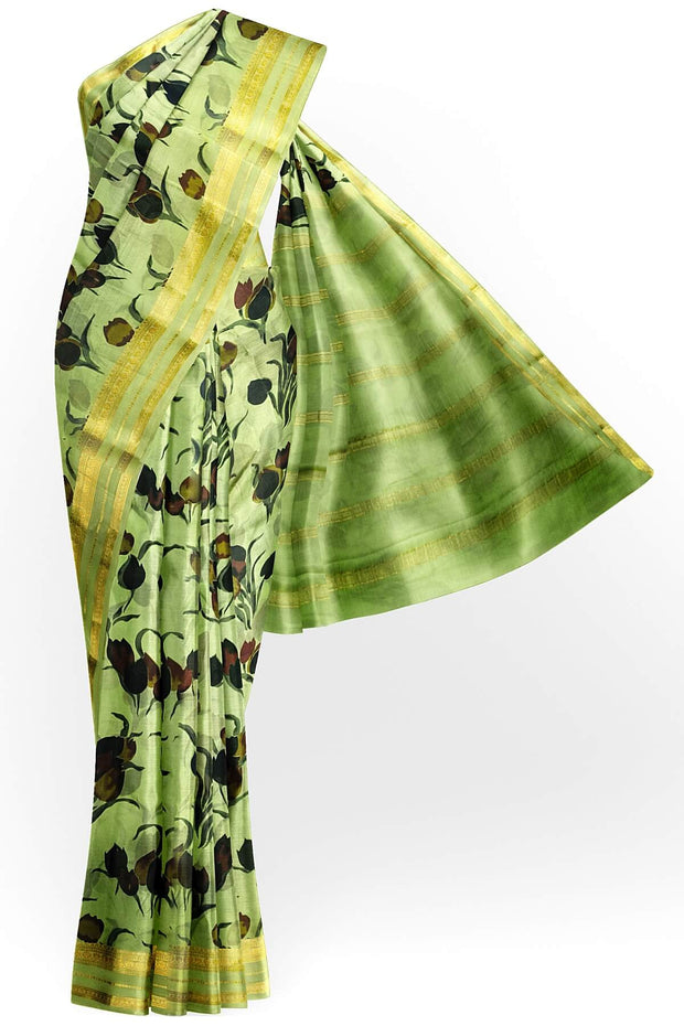 Printed Mysore crepe pure silk saree in  pista green