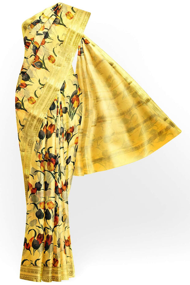 Printed Mysore crepe pure silk saree in  light yellow