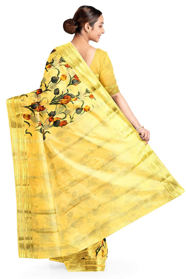 Printed Mysore crepe pure silk saree in  light yellow