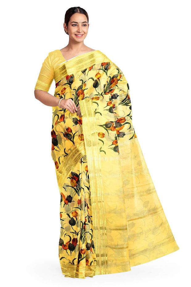 Printed Mysore crepe pure silk saree in  light yellow