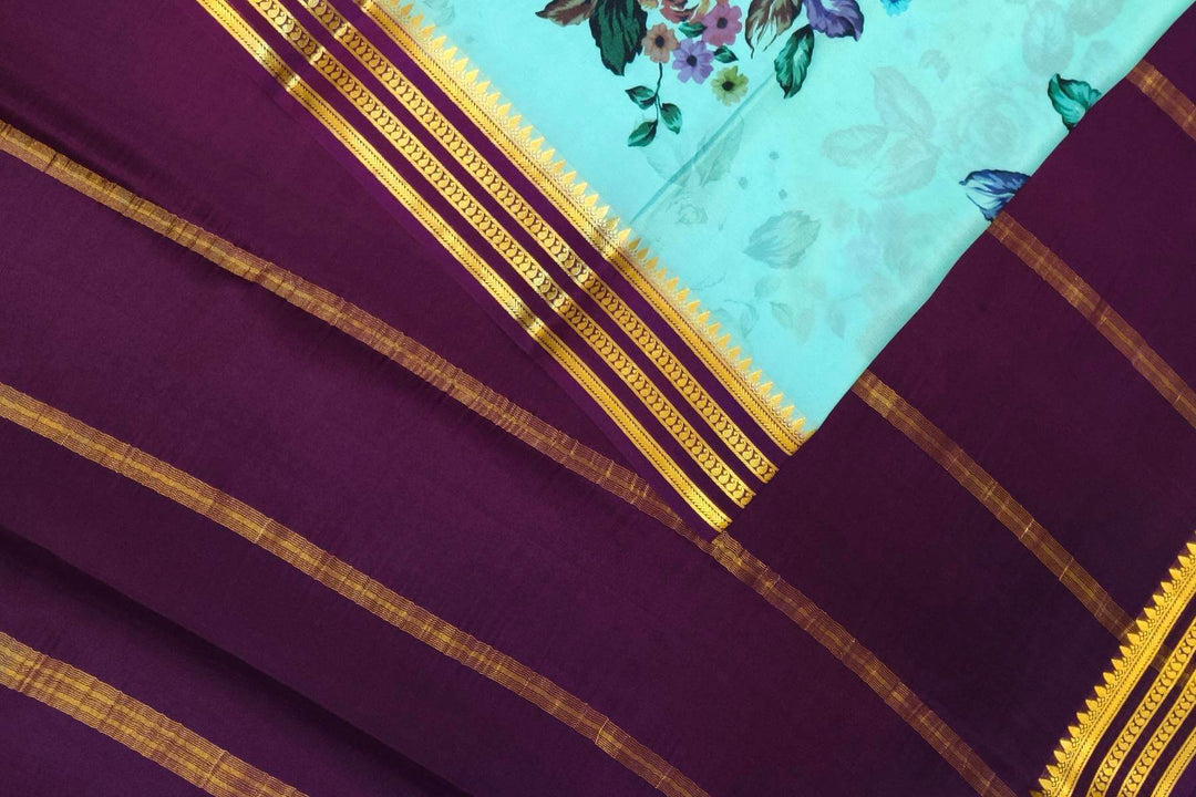 Printed Mysore crepe pure silk saree in  pool blue