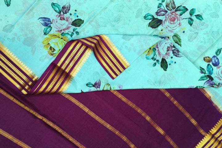 Printed Mysore crepe pure silk saree in  pool blue