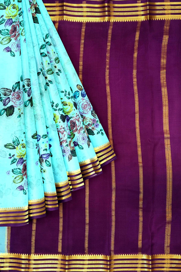 Printed Mysore crepe pure silk saree in  pool blue
