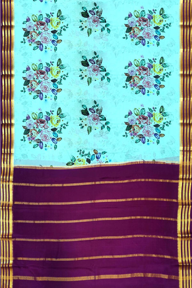 Printed Mysore crepe pure silk saree in  pool blue