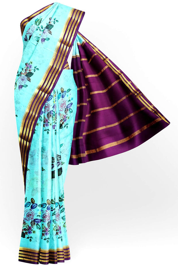 Printed Mysore crepe pure silk saree in  pool blue