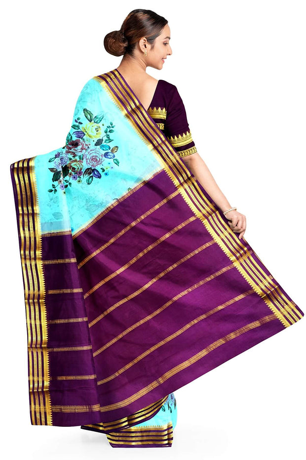 Printed Mysore crepe pure silk saree in  pool blue