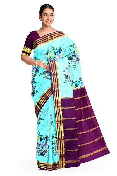 Printed Mysore crepe pure silk saree in  pool blue