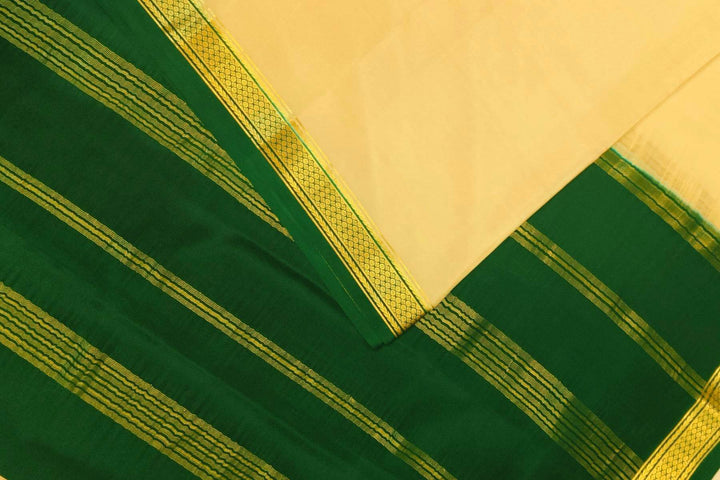 Mysore crepe pure silk saree in beige with contrast pallu & a two  inch border