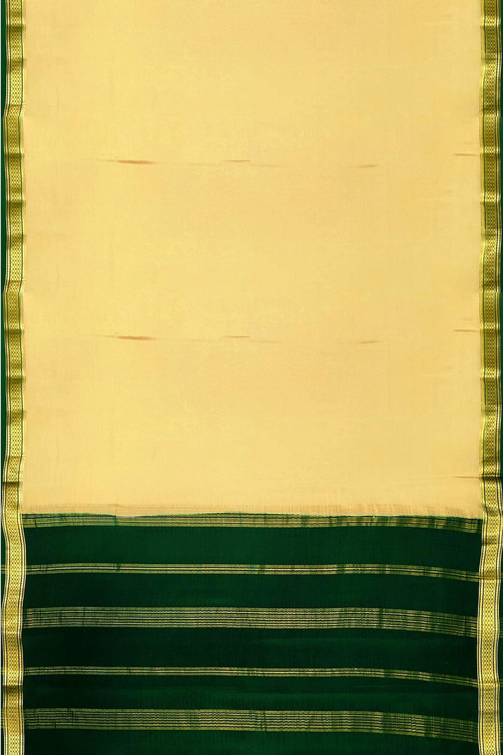 Mysore crepe pure silk saree in beige with contrast pallu & a two  inch border