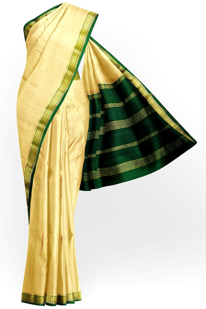Mysore crepe pure silk saree in beige with contrast pallu & a two  inch border
