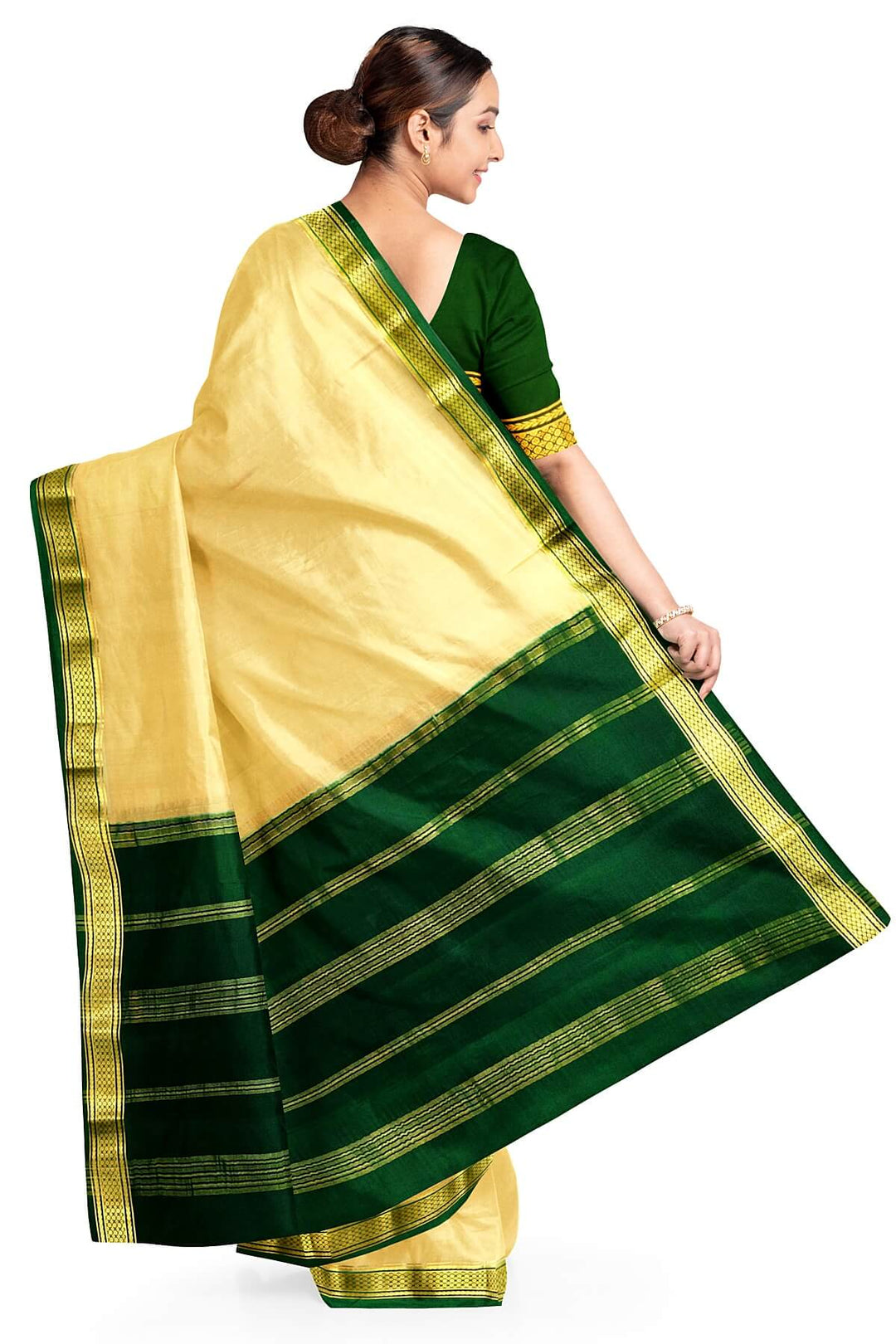 Mysore crepe pure silk saree in beige with contrast pallu & a two  inch border