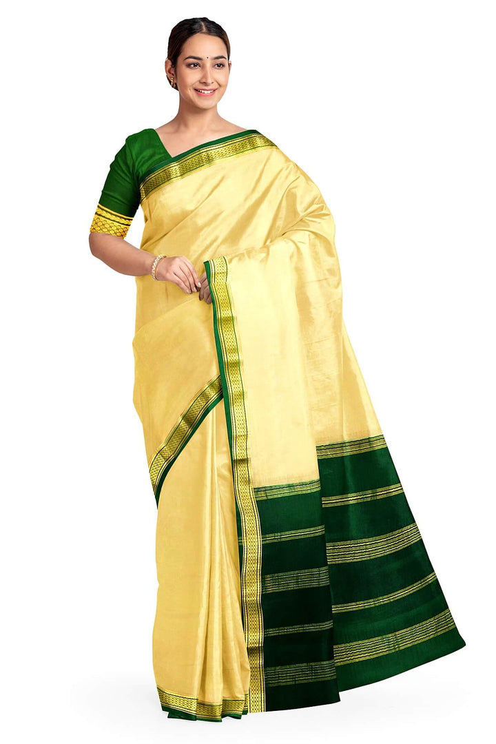 Mysore crepe pure silk saree in beige with contrast pallu & a two  inch border