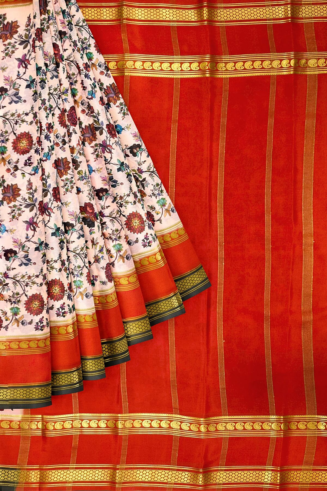 Printed Mysore crepe pure silk saree in  light pink with Bentex border