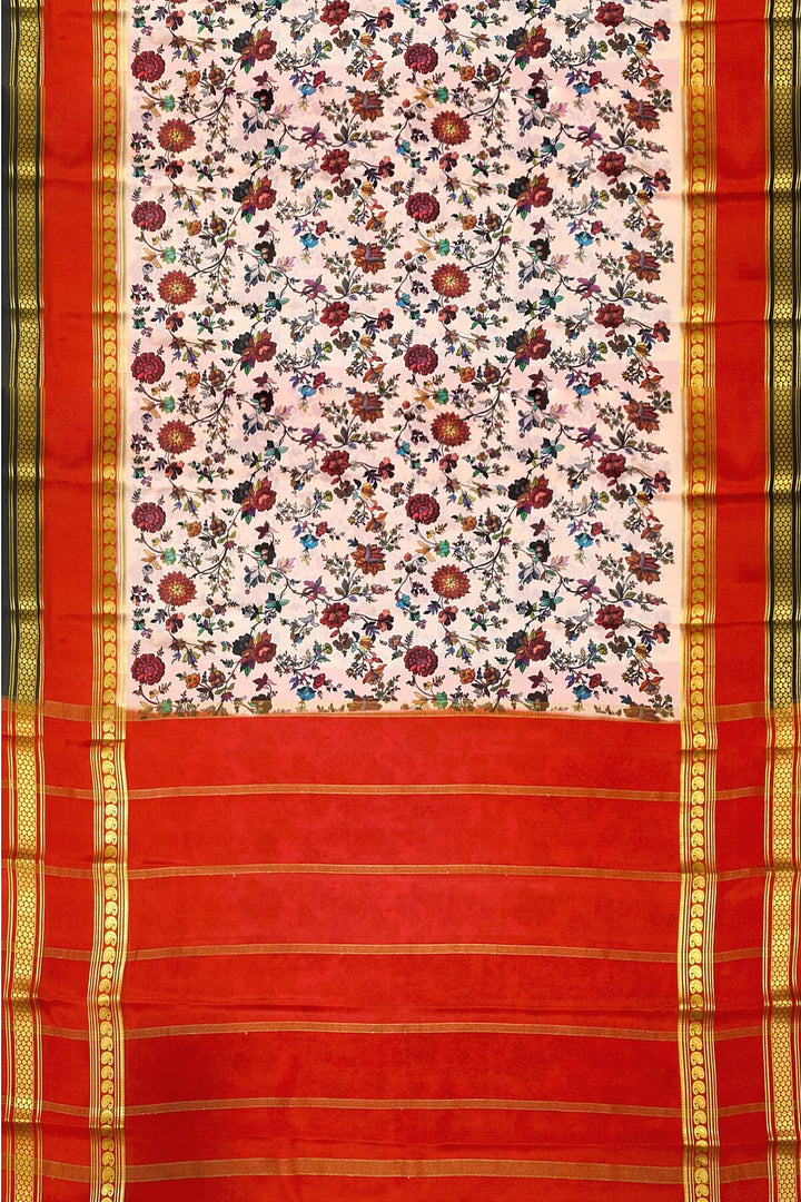 Printed Mysore crepe pure silk saree in  light pink with Bentex border