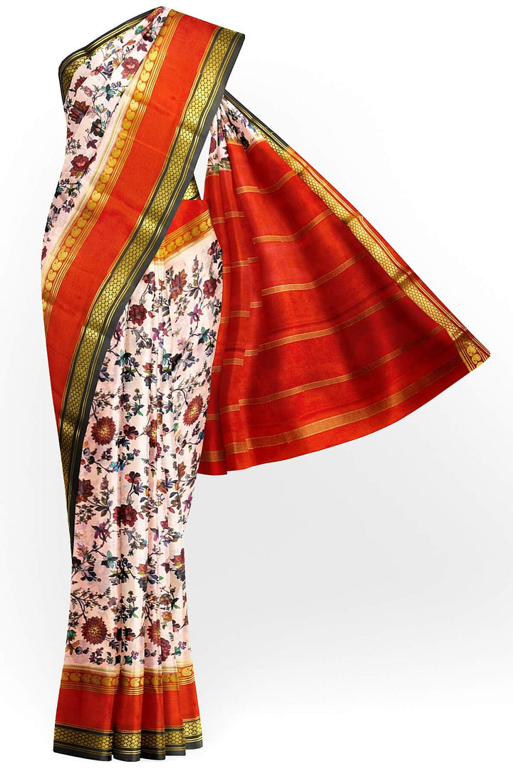 Printed Mysore crepe pure silk saree in  light pink with Bentex border
