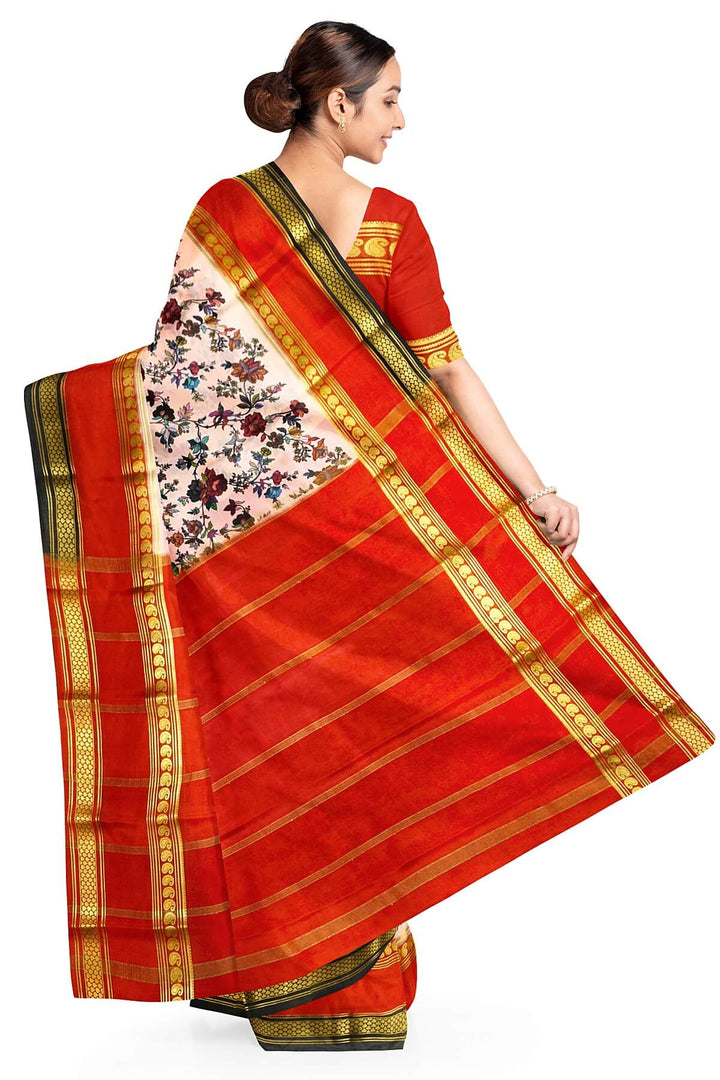 Printed Mysore crepe pure silk saree in  light pink with Bentex border