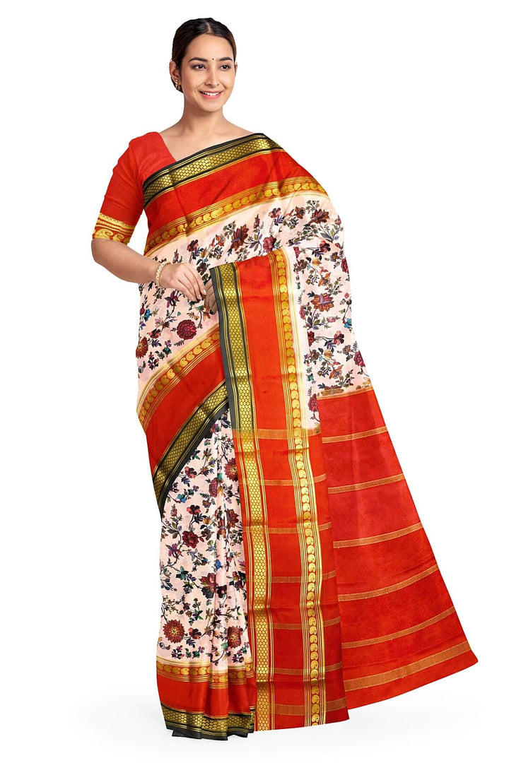 Printed Mysore crepe pure silk saree in  light pink with Bentex border