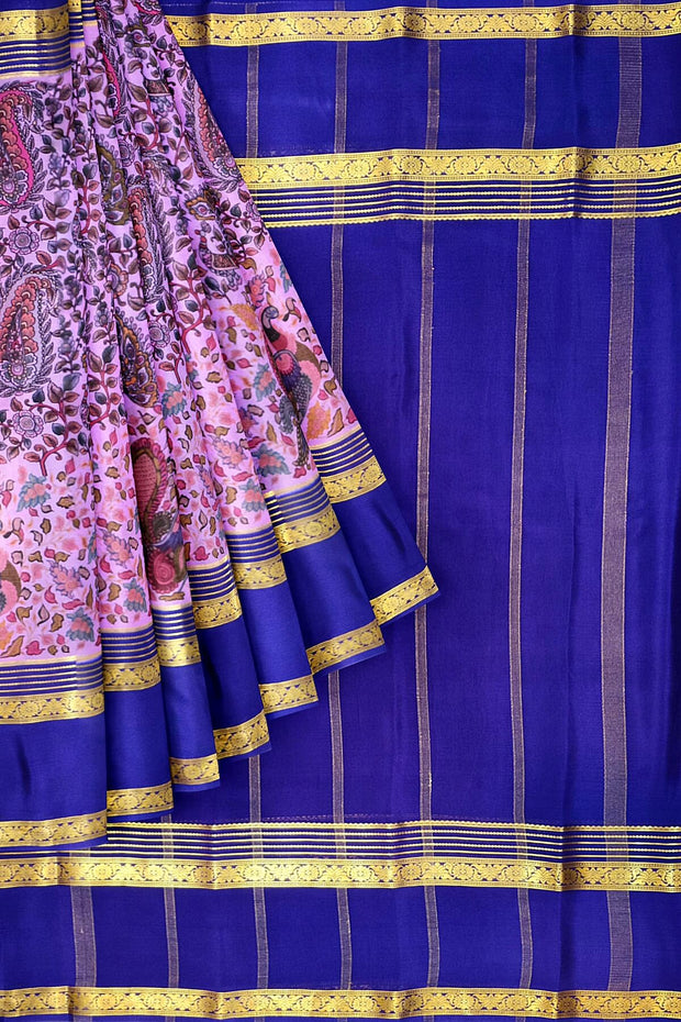 Printed Mysore crepe pure silk saree in  dark lavender with Bentex border