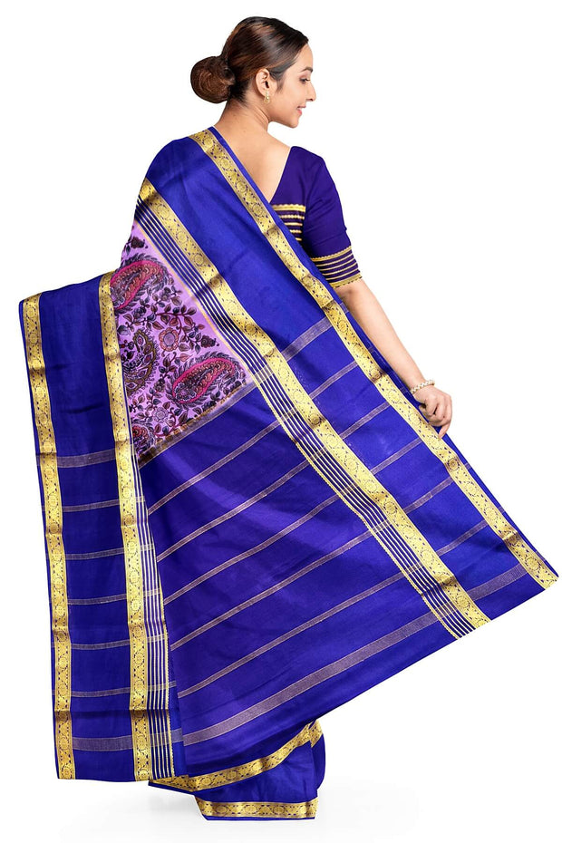 Printed Mysore crepe pure silk saree in  dark lavender with Bentex border