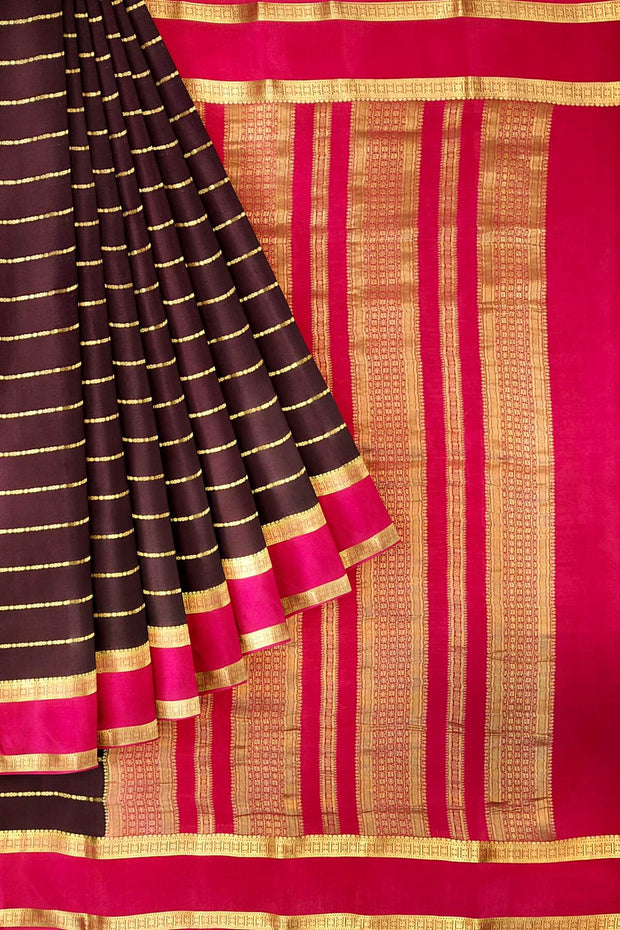 Mysore crepe pure silk saree in brown with zari stripes