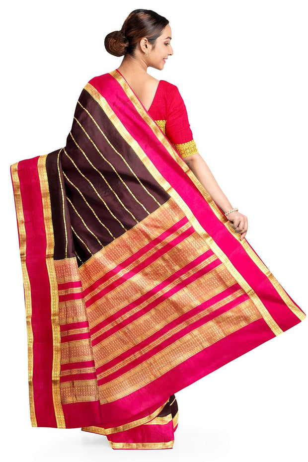 Mysore crepe pure silk saree in brown with zari stripes