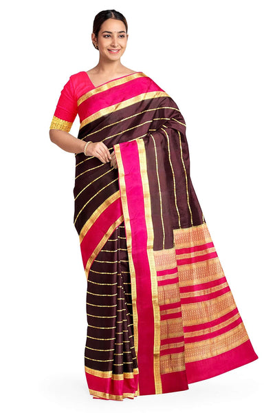 Mysore crepe pure silk saree in brown with zari stripes