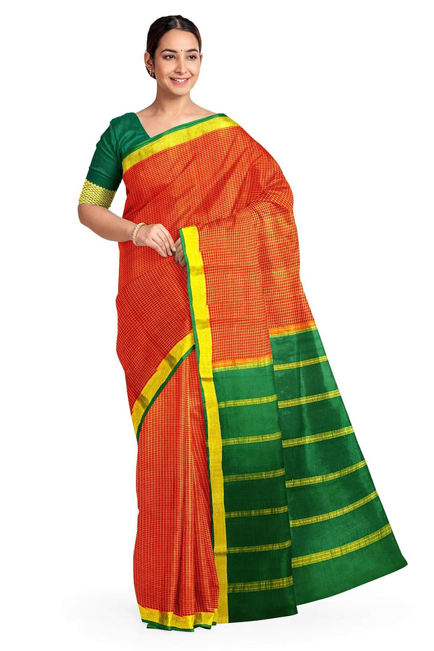Mysore crepe pure silk saree in red  in binny checks
