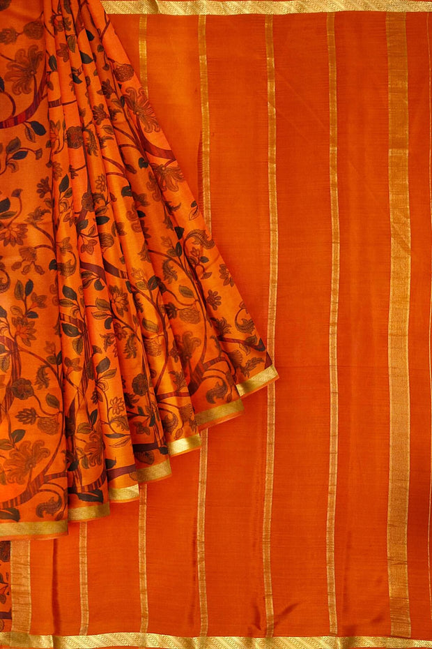 Printed Mysore crepe pure silk saree in burnt orange with 1 inch border