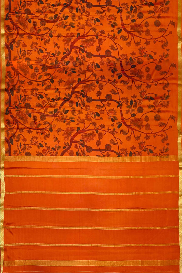 Printed Mysore crepe pure silk saree in burnt orange with 1 inch border