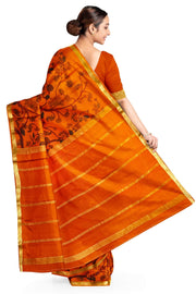 Printed Mysore crepe pure silk saree in burnt orange with 1 inch border