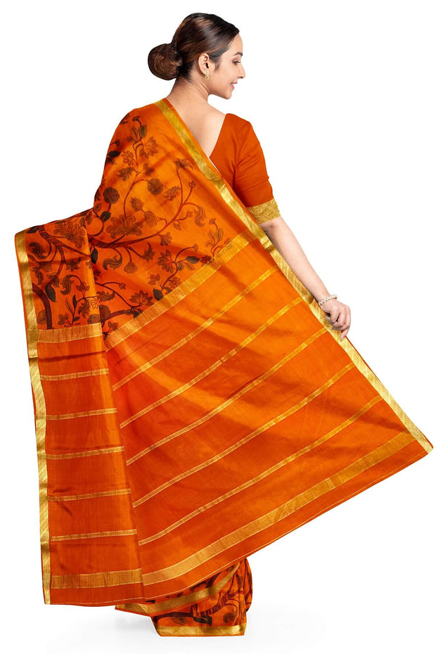 Printed Mysore crepe pure silk saree in burnt orange with 1 inch border