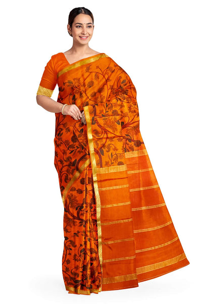 Printed Mysore crepe pure silk saree in burnt orange with 1 inch border