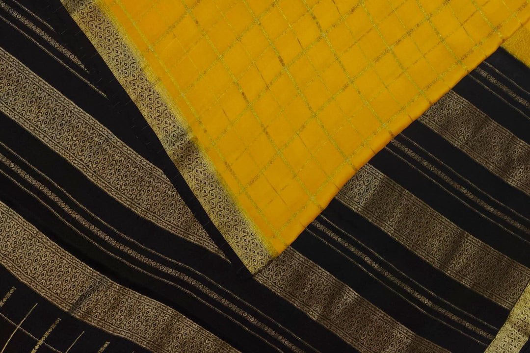 Mysore crepe pure silk saree in yellow in checks