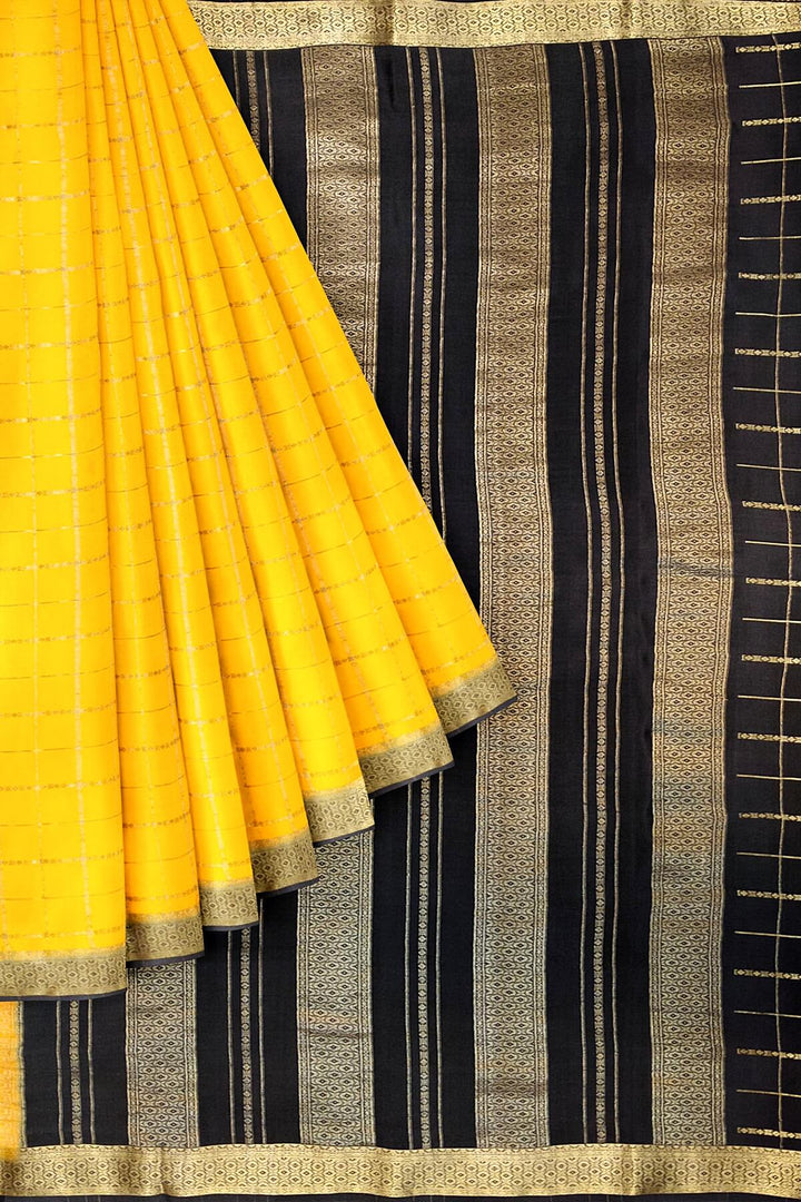 Mysore crepe pure silk saree in yellow in checks