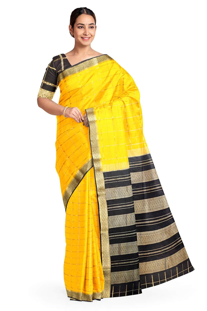 Mysore crepe pure silk saree in yellow in checks