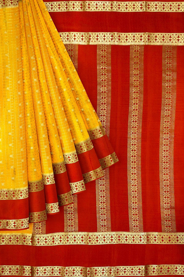 Mysore crepe pure silk saree in mustard with checks & buttis