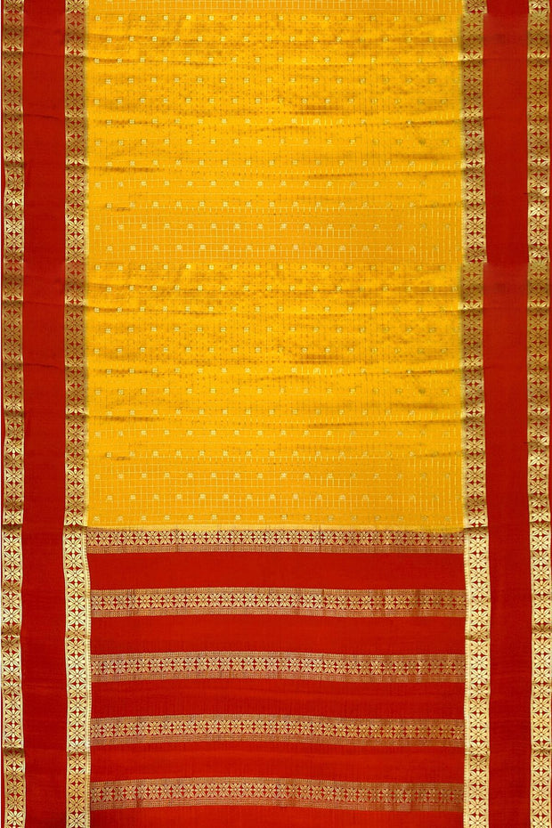 Mysore crepe pure silk saree in mustard with checks & buttis