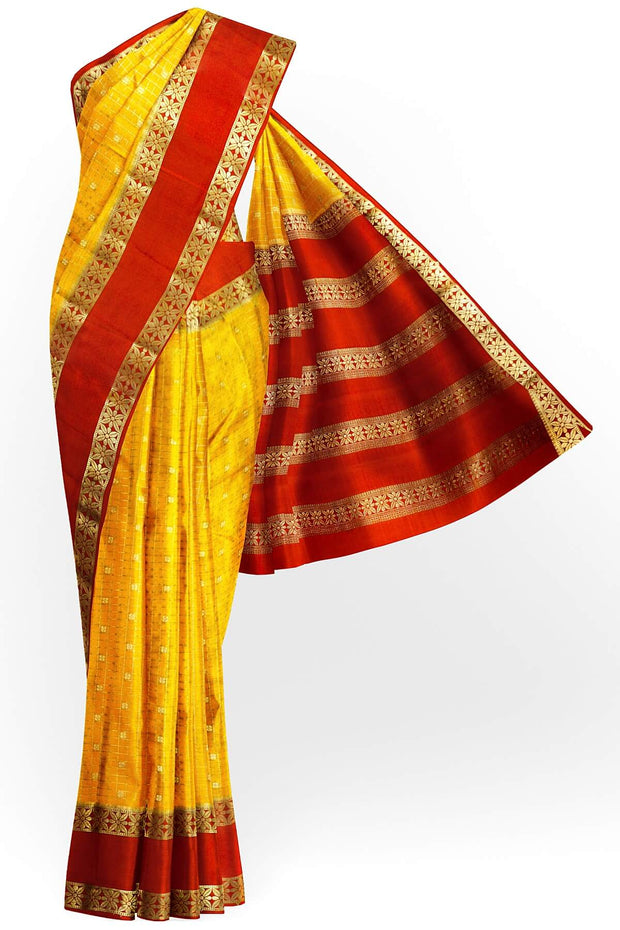 Mysore crepe pure silk saree in mustard with checks & buttis