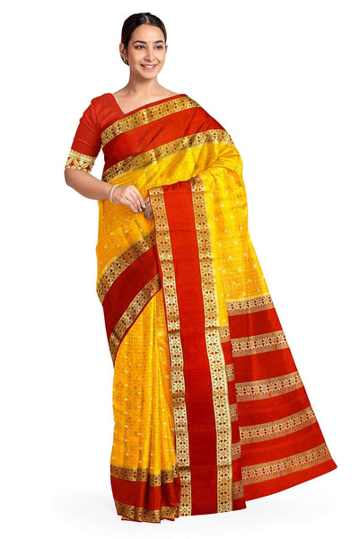 Mysore crepe pure silk saree in mustard with checks & buttis
