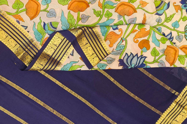 Printed Mysore crepe pure silk saree in off white