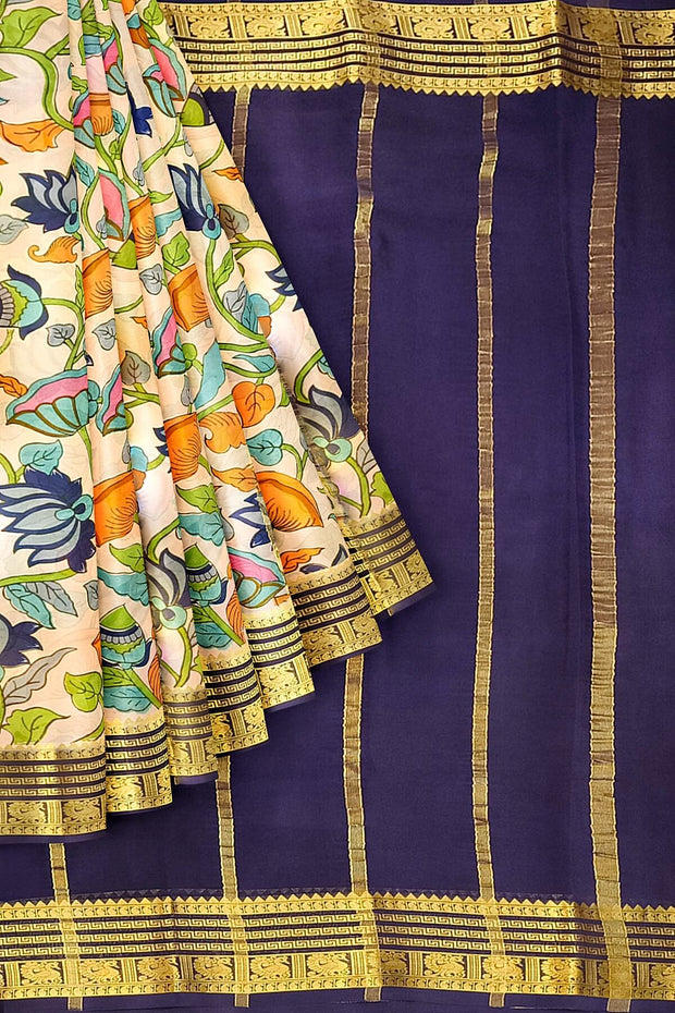 Printed Mysore crepe pure silk saree in off white