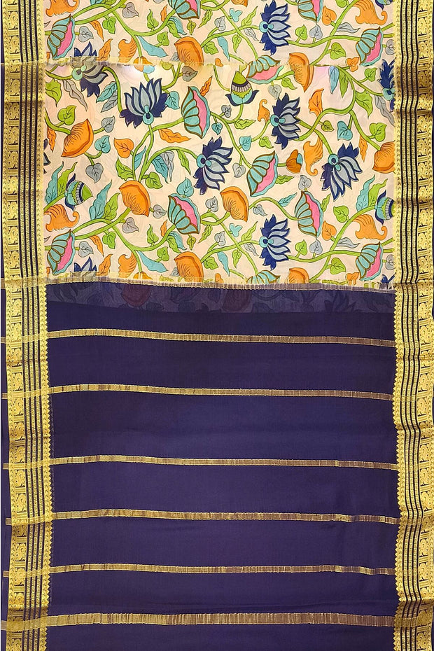 Printed Mysore crepe pure silk saree in off white